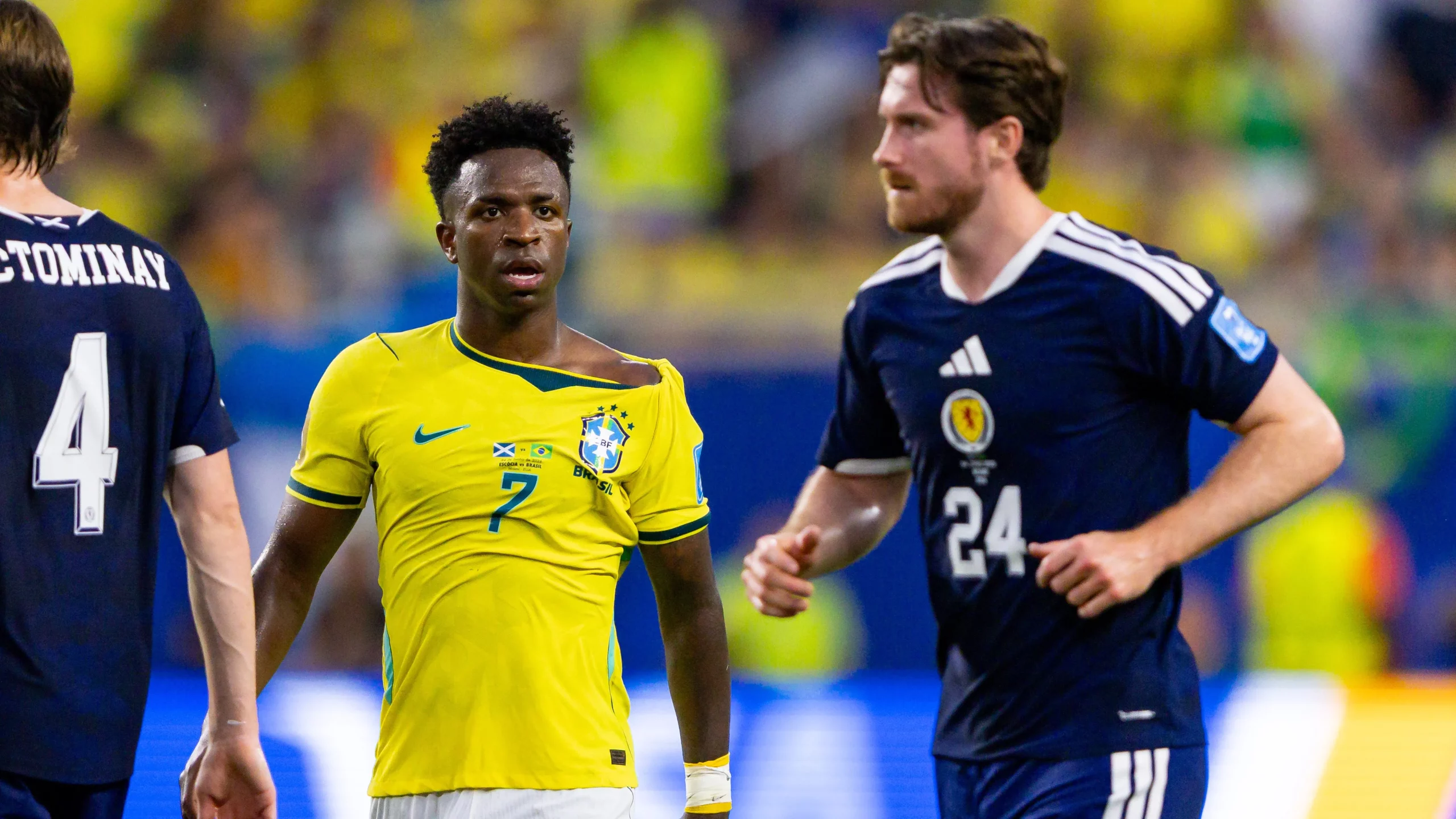 Vinicius Junior jogador do Brasil durante partida contra o Escocia no estadio Miami pelo campeonato Copa Do Mundo 2026. Foto: Rodolfo Buhrer/AGIF