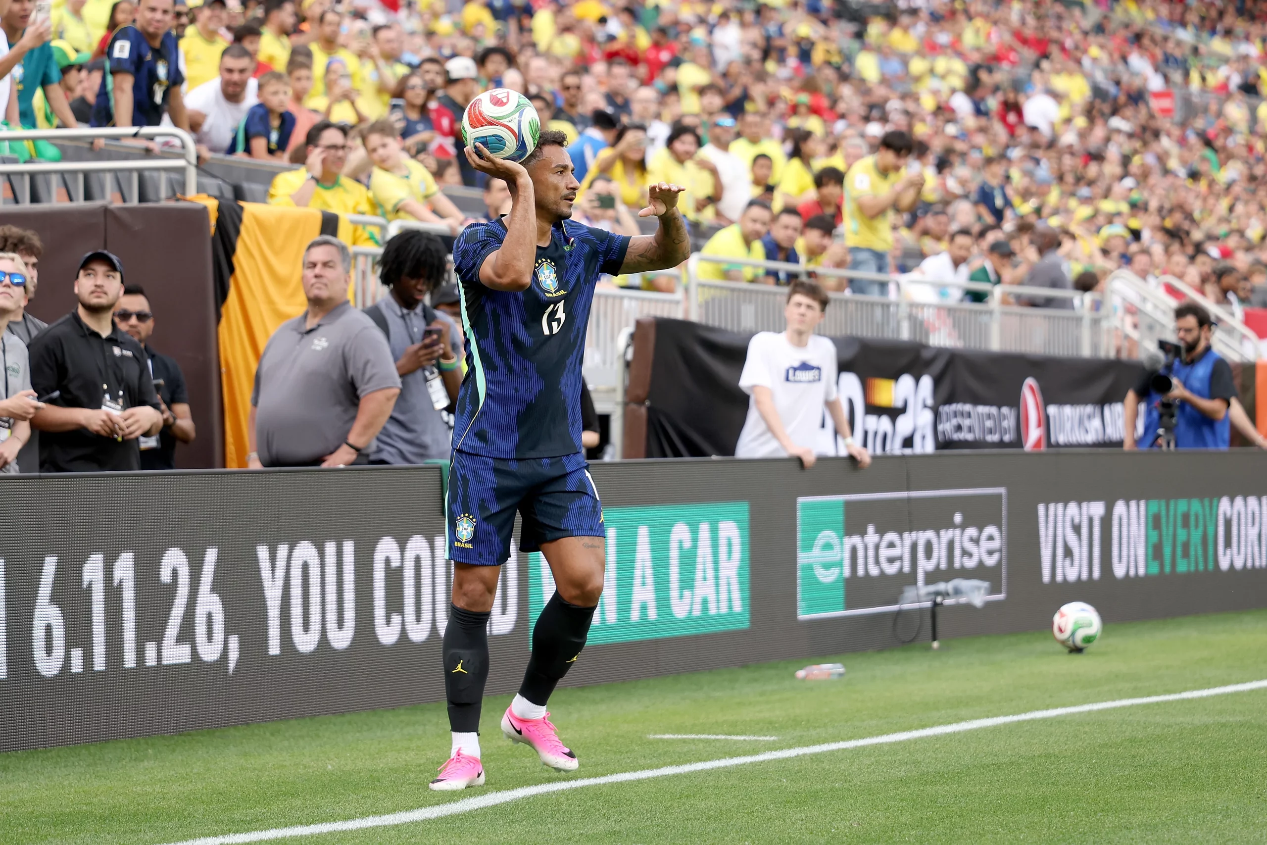 CLEVELAND, OHIO – JUNE 6:  Danilo #13 of Brazil throws in the ball during the international friendly match against Egypt at Huntington Bank Field on June 6, 2026 in Cleveland, Ohio. Brazil defeated Egypt 2-1. (Photo by Kirk Irwin/Getty Images)