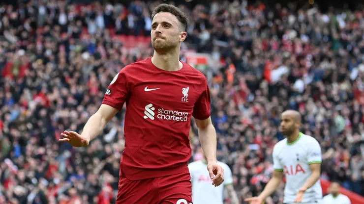 LIVERPOOL, ENGLAND - APRIL 30: Diogo Jota of Liverpool celebrates after scoring the team's fourth goal during the Premier League match between Liverpool FC and Tottenham Hotspur at Anfield on April 30, 2023 in Liverpool, England. (Photo by Michael Regan/Getty Images)