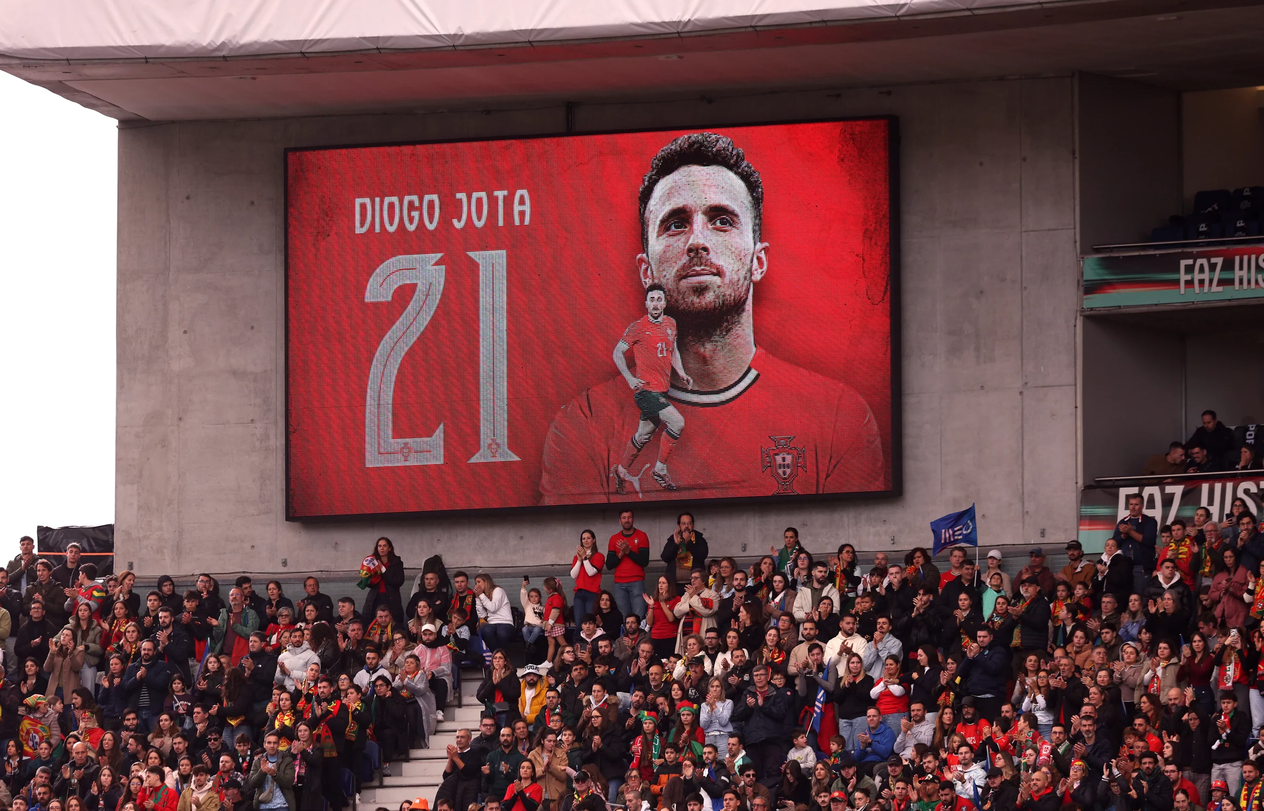 PORTO, PORTUGAL – NOVEMBER 16: A memorial for Diogo Jota is seen on a screen in the stands during the FIFA World Cup 2026 qualifier match between Portugal and Armenia at Estadio do Dragao on November 16, 2025 in Porto, Portugal. (Photo by Carlos Rodrigues/Getty Images)