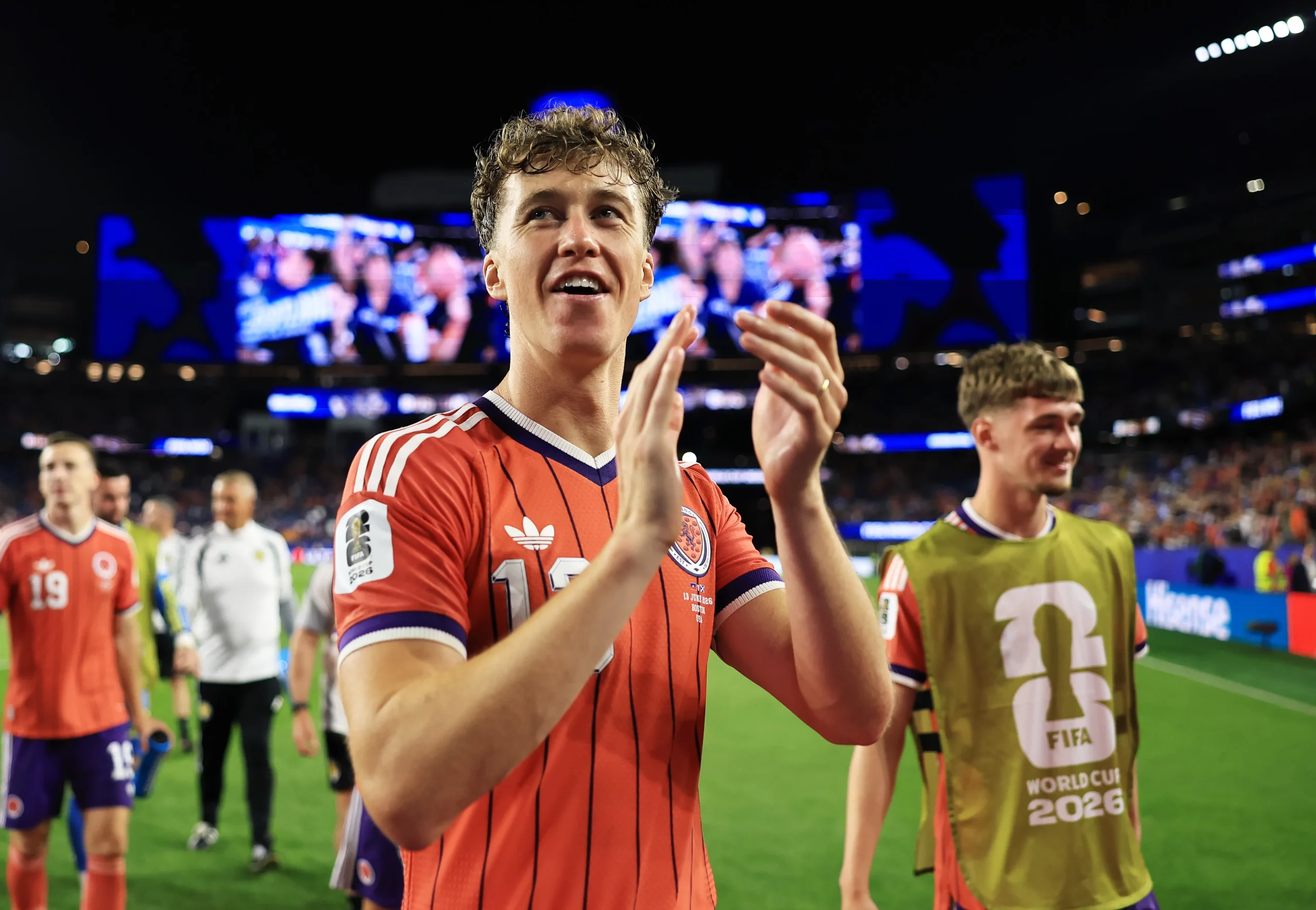 FOXBOROUGH, MASSACHUSETTS – JUNE 13: Jack Hendry #13 of Scotland applauds fans after the team’s 1-0 victory in the FIFA World Cup 2026 Group C match between Haiti and Scotland at Boston Stadium on June 13, 2026 in Foxborough, Massachusetts. (Photo by Buda Mendes/Getty Images)