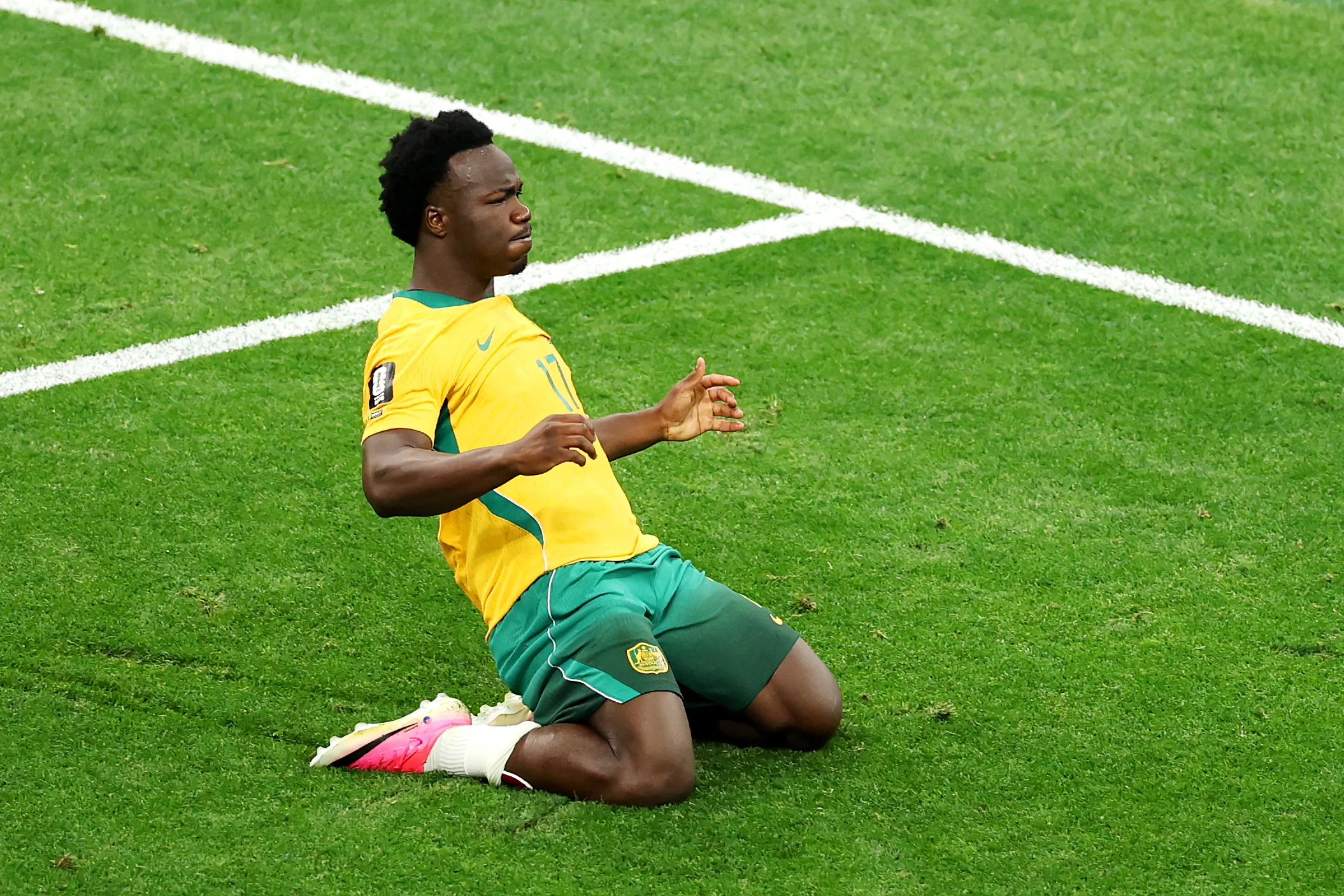 VANCOUVER, BRITISH COLUMBIA – JUNE 13: Nestory Irankunda #17 of Australia celebrates scoring his team’s first goal  during the FIFA World Cup 2026 Group D match between Australia and Türkiye at BC Place Vancouver on June 13, 2026 in Vancouver, British Columbia. (Photo by Richard Heathcote/Getty Images)