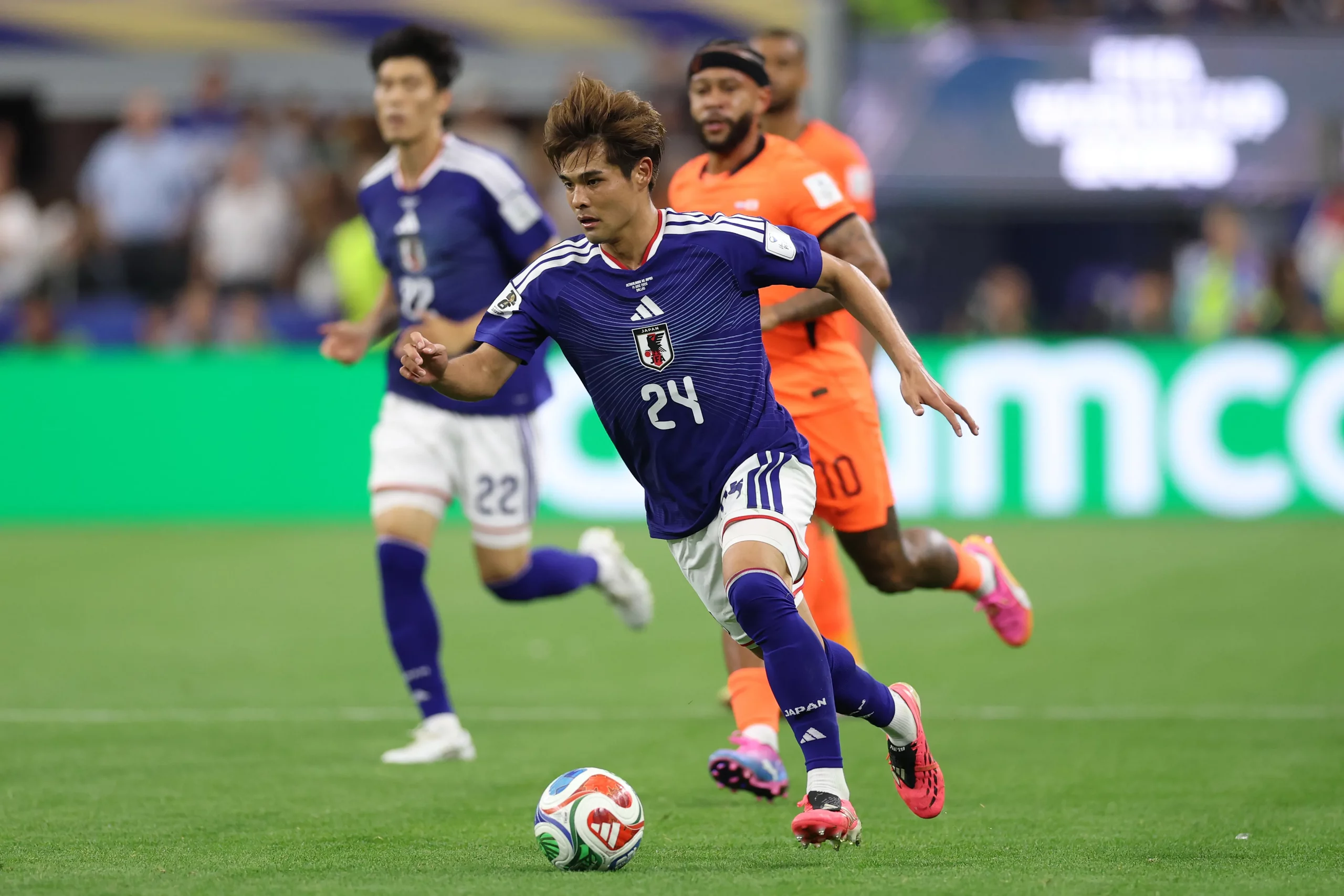 ARLINGTON, TEXAS – JUNE 14: Kaishu Sano #24 of Japan during the FIFA World Cup 2026 Group F match between Netherlands and Japan at Dallas Stadium on June 14, 2026 in Arlington, Texas. (Photo by Michael Steele/Getty Images)