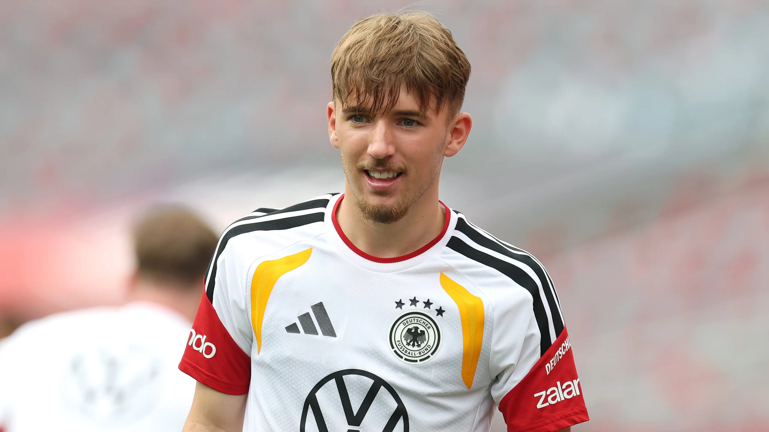 CHICAGO, ILLINOIS – JUNE 05: Lennart Karl of Germany looks on during a Team Germany Training session at Soldier Field on June 05, 2026 in Chicago, Illinois. Germany will face the United States in an international friendly match on June 6, 2026. (Photo by Alexander Hassenstein/Getty Images)