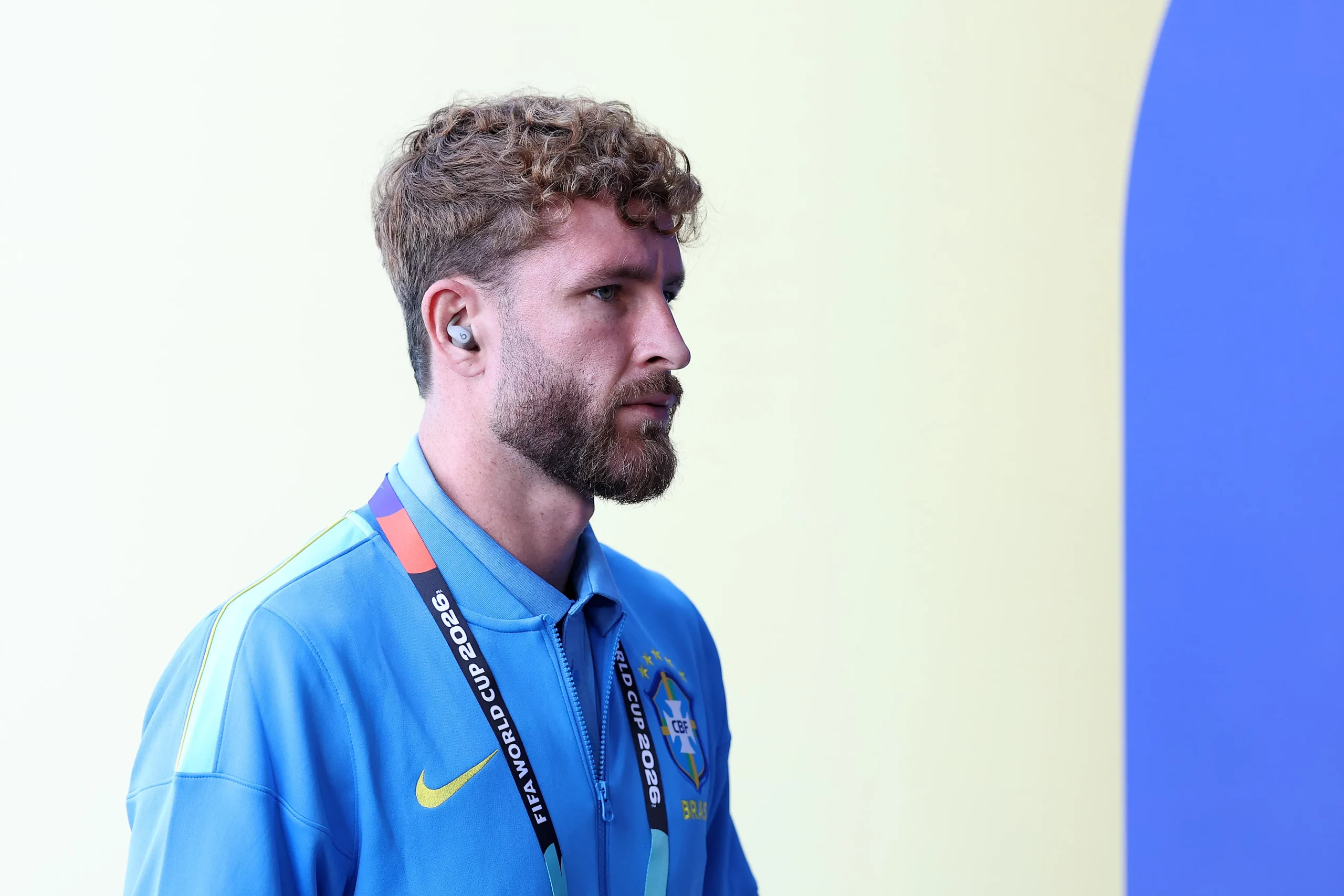 EAST RUTHERFORD, NEW JERSEY – JUNE 13: Leo Pereira #15 of Brazil arrives before the FIFA World Cup 2026 Group C match between Brazil and Morocco at New York New Jersey Stadium on June 13, 2026 in East Rutherford, New Jersey. (Photo by Kevin C. Cox/Getty Images)
