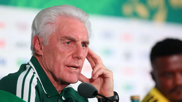 MEXICO CITY, MEXICO - JUNE 10: Hugo Broos, Head Coach of South Africa, speaks to the media during a South Africa Press Conference one day ahead of the FIFA World Cup 2026 Group A match between Mexico and South Africa at Mexico City Stadium on June 10, 2026 in Mexico City, Mexico. (Photo by Carl Recine/Getty Images)
