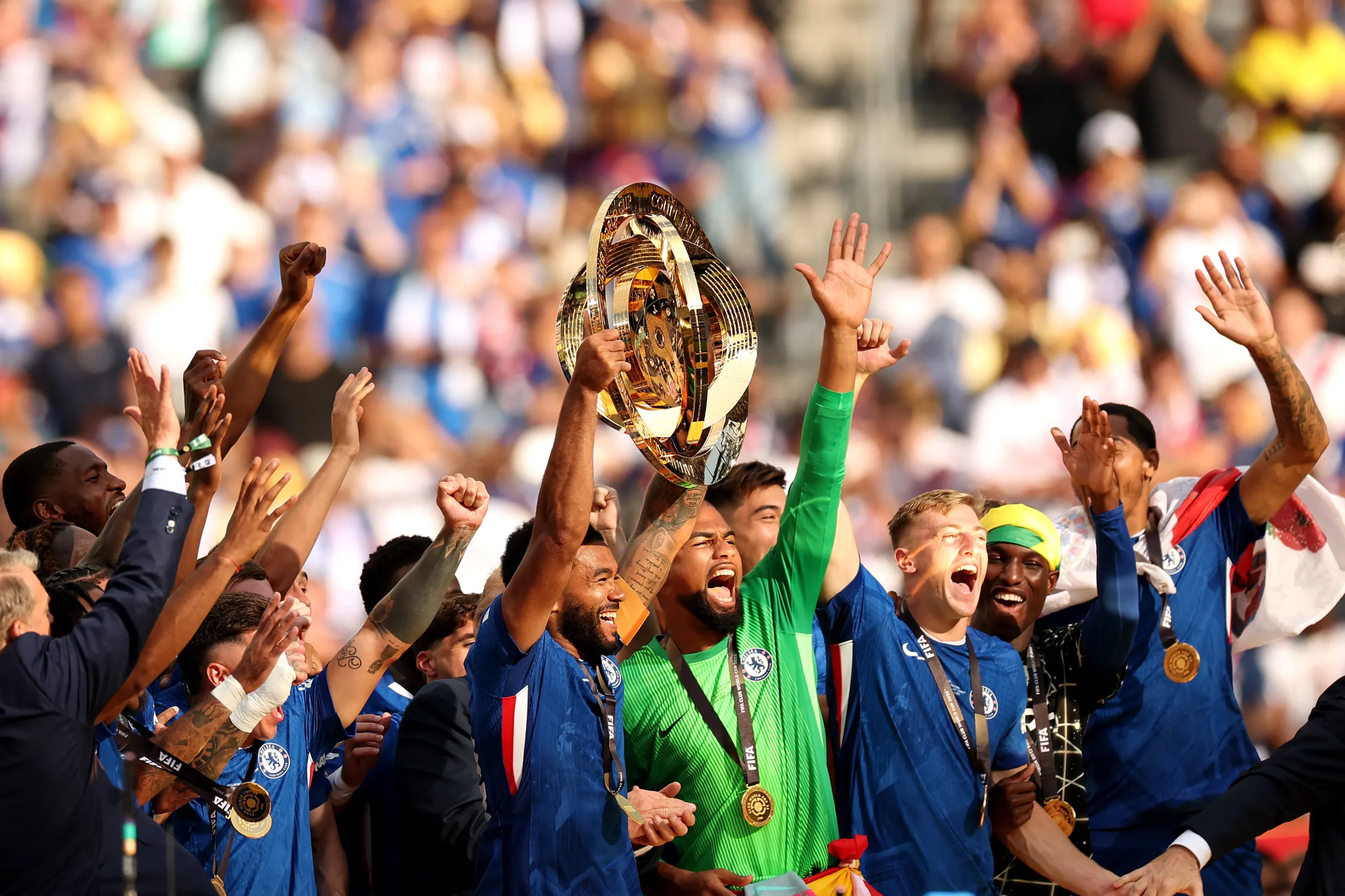EAST RUTHERFORD, NEW JERSEY – JULY 13: Reece James #24 of Chelsea FC lifts the trophy during the FIFA Club World Cup 2025 final match between Chelsea FC and Paris Saint-Germain at MetLife Stadium on July 13, 2025 in East Rutherford, New Jersey. (Photo by Luke Hales/Getty Images)