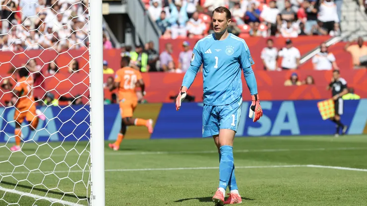 TORONTO, ONTARIO - JUNE 20: Manuel Neuer #1 of Germany shows dejection after the Cote d'Ivoire's first goal during the FIFA World Cup 2026 Group E match between Germany and Cote D'Ivoire at Toronto Stadium on June 20, 2026 in Toronto, Ontario. (Photo by Alexander Hassenstein/Getty Images)