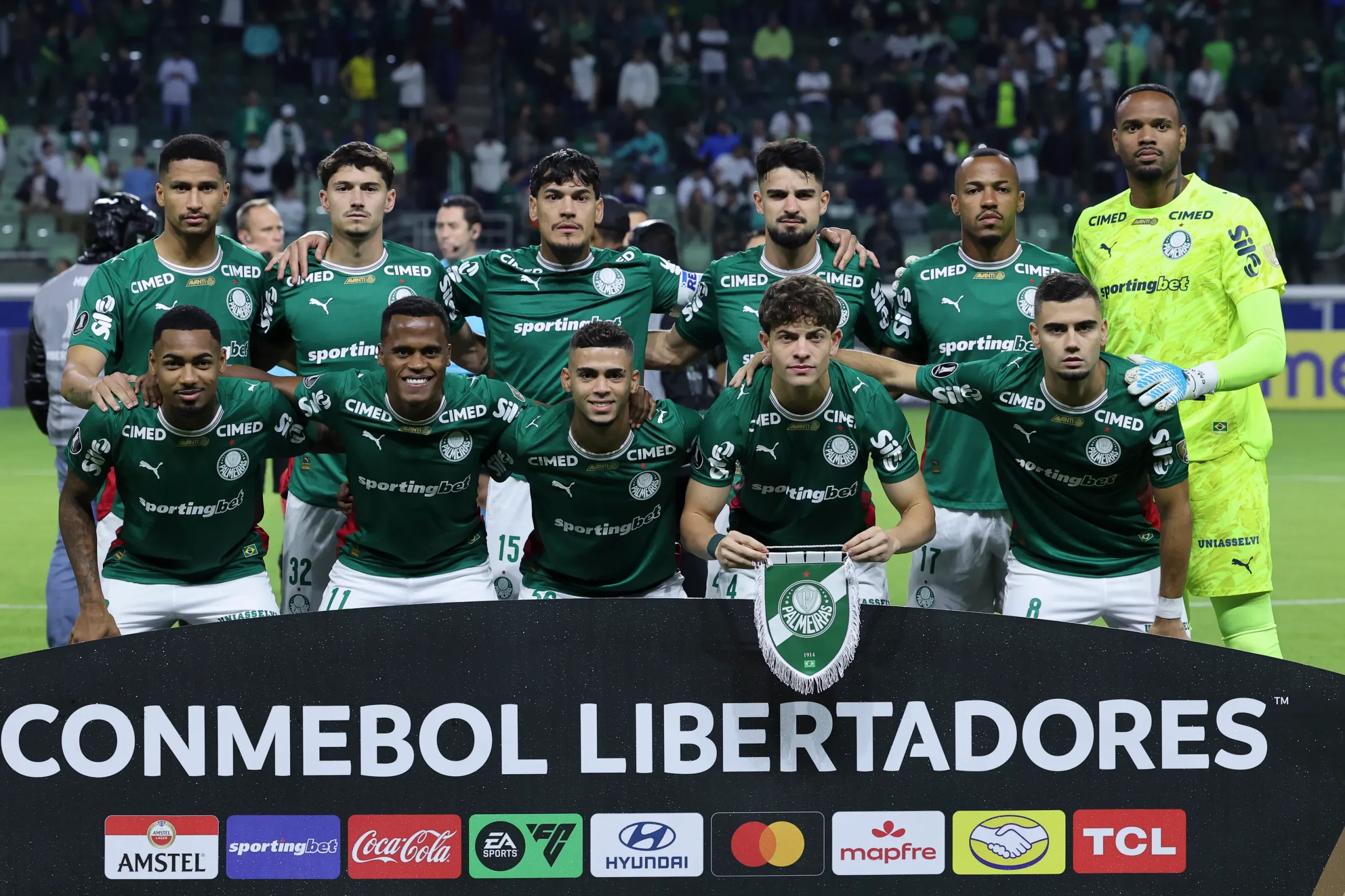 Elenco do Palmeiras durante partida pela Libertadores. Foto: Alexandre Schneider/Getty Images