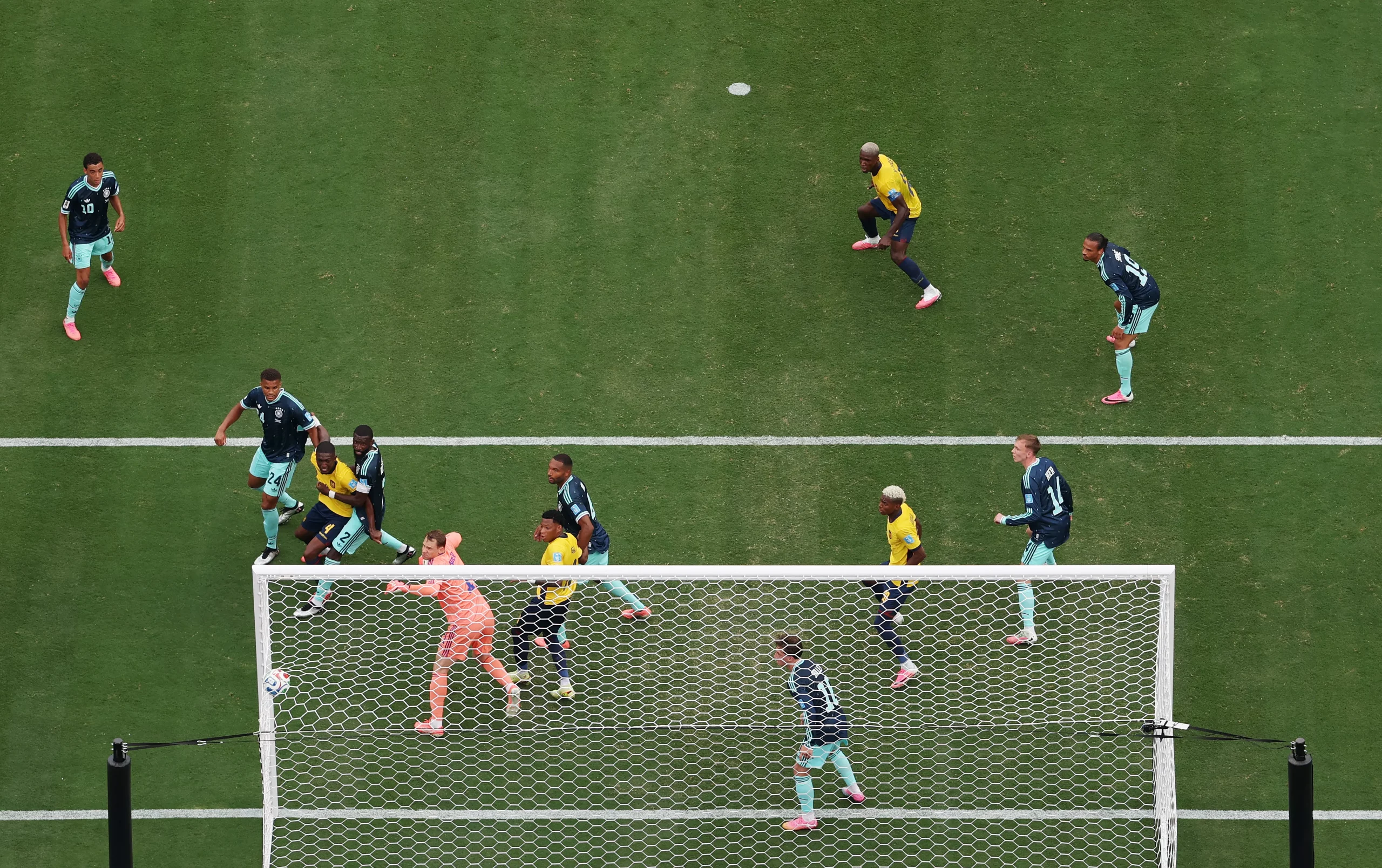 EAST RUTHERFORD, NEW JERSEY – JUNE 25: (EDITOR’S NOTE: Image was captured using a remote camera positioned above the field of play.) Gonzalo Plata #19 of Ecuador scores his team’s second goal during the FIFA World Cup 2026 Group E match between Ecuador and Germany at New York New Jersey Stadium on June 25, 2026 in East Rutherford, New Jersey. (Photo by Al Bello/Getty Images)