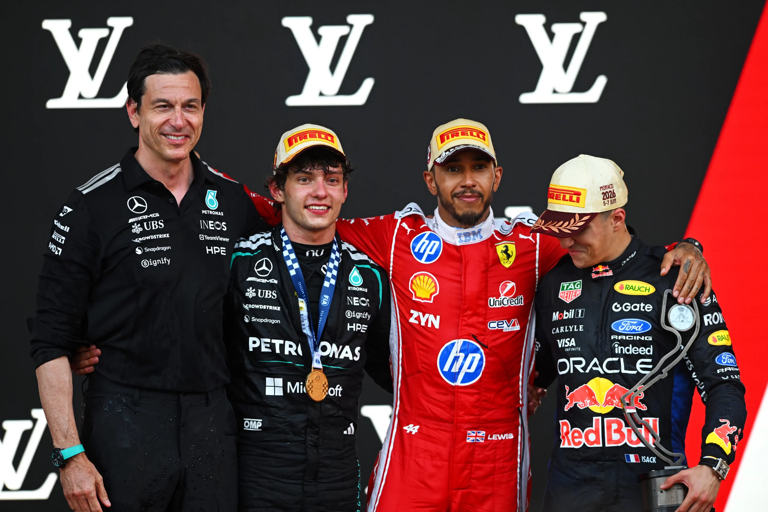 MONTE-CARLO, MONACO – JUNE 07: Race winner Andrea Kimi Antonelli of Italy and Mercedes AMG Petronas F1 Team Second placed Lewis Hamilton of Great Britain and Scuderia Ferrari Third placed Isack Hadjar of France and Oracle Red Bull Racing and Toto Wolff, Executive Director of Mercedes AMG Petronas F1 Team on the podium during the F1 Grand Prix of Monaco at Circuit de Monaco on June 07, 2026 in Monte-Carlo, Monaco. (Photo by Rudy Carezzevoli/Getty Images)