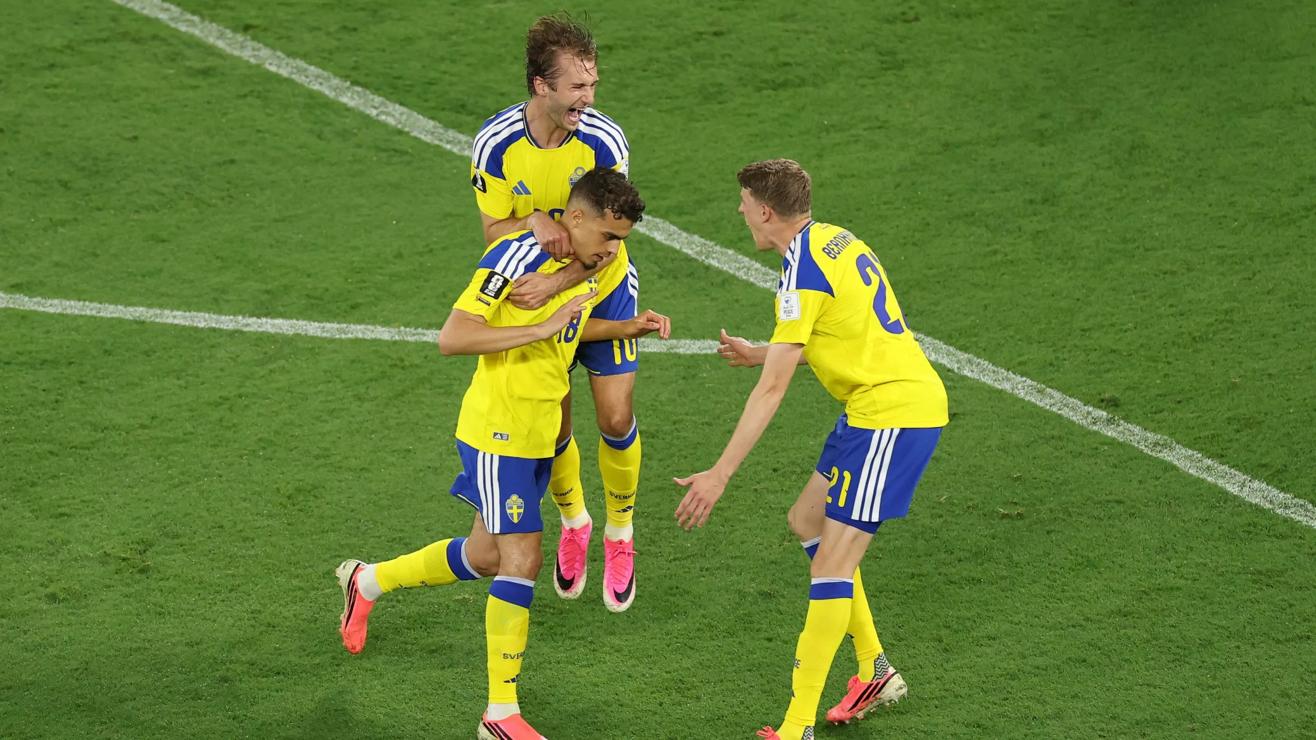 MONTERREY, MEXICO – JUNE 14: Yasin Ayari #18 of Sweden celebrates with teammates Alexander Bernhardsson #21 and Benjamin Nygren #10 after scoring his team’s first goal during the FIFA World Cup 2026 Group F match between Sweden and Tunisia at Monterrey Stadium on June 14, 2026 in Monterrey, Mexico. (Photo by Carl Recine/Getty Images)