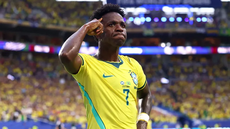 MIAMI GARDENS, FLORIDA - JUNE 24: Vinicius Junior #7 of Brazil celebrates scoring his team's second goal during the FIFA World Cup 2026 Group C match between Scotland and Brazil at Miami Stadium on June 24, 2026 in Miami Gardens, Florida. (Photo by Megan Briggs/Getty Images)