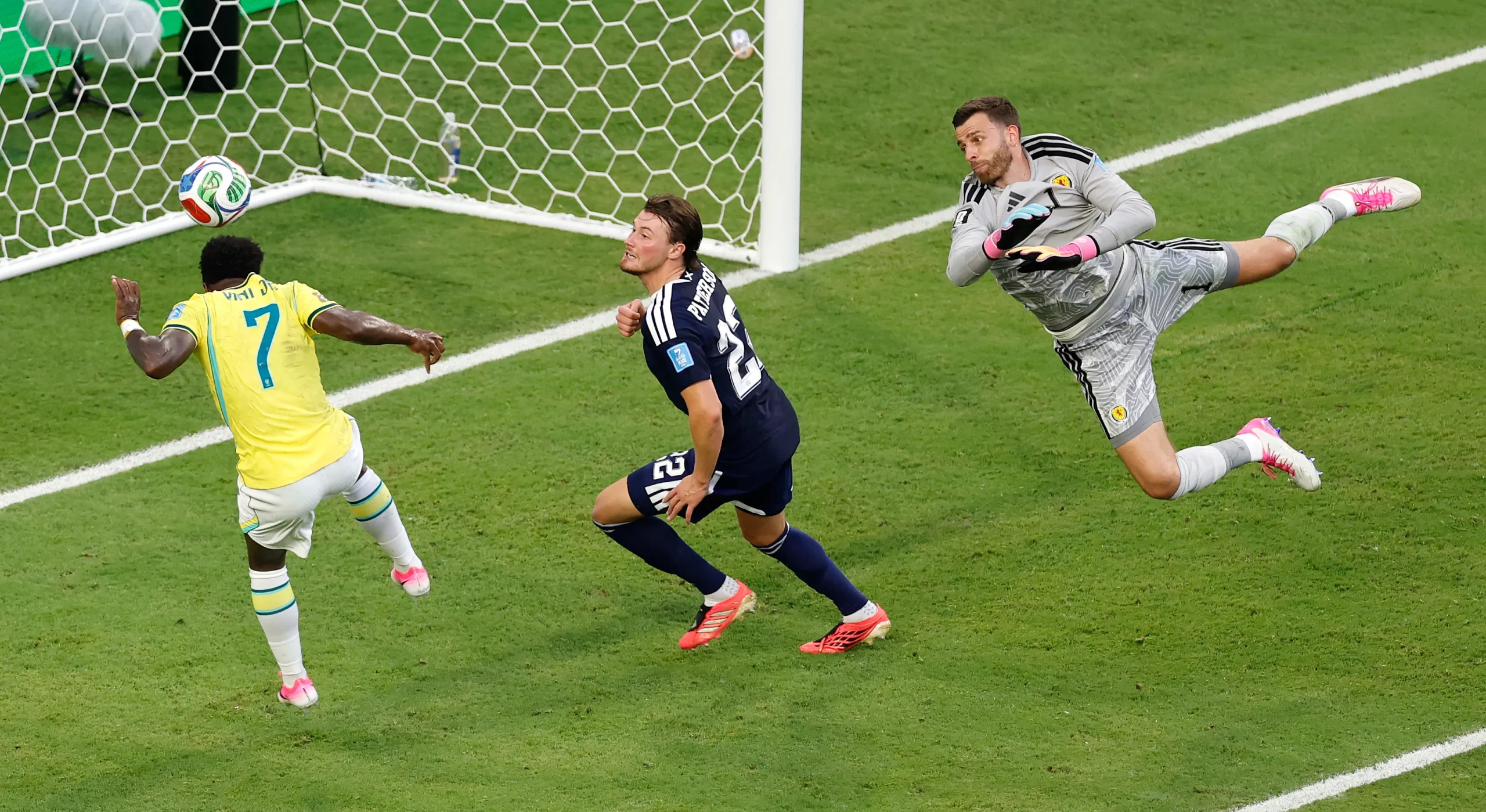 MIAMI GARDENS, FLORIDA – JUNE 24: Vinicius Junior #7 of Brazil scores his team’s second goal during the FIFA World Cup 2026 Group C match between Scotland and Brazil at Miami Stadium on June 24, 2026 in Miami Gardens, Florida. (Photo by Michael Reaves/Getty Images)
