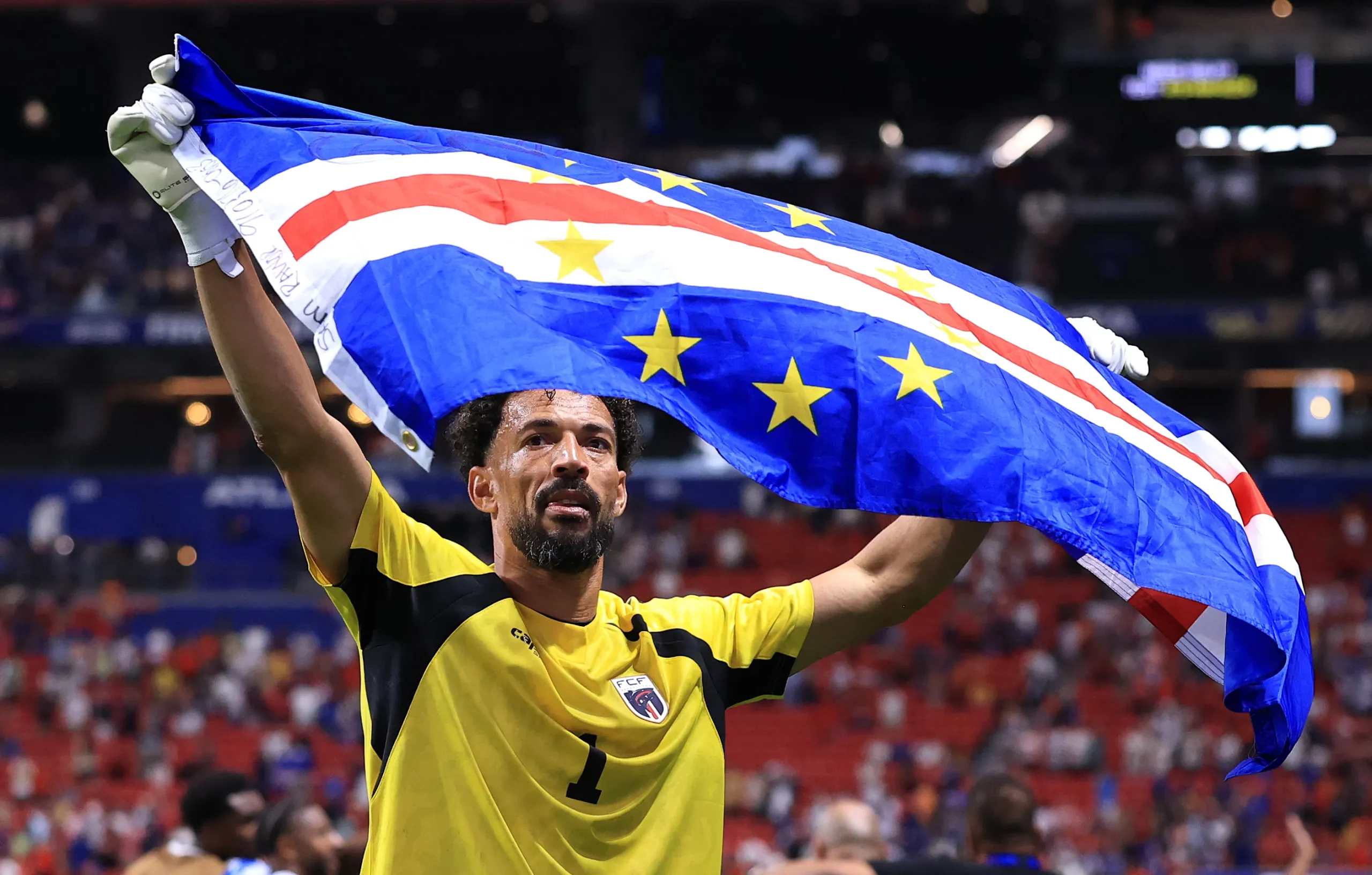 ATLANTA, GEORGIA – JUNE 15: Vozinha #1 of Cabo Verde applaud fans after the 0-0 draw during the FIFA World Cup 2026 Group H match  between Spain and Cabo Verde at Atlanta Stadium on June 15, 2026 in Atlanta, Georgia. (Photo by Buda Mendes/Getty Images)