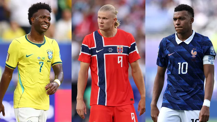 Vini Jr, Haaland e Mbappé. Foto: Megan Briggs/Getty Images, Buda Mendes/Getty Images e Mattia Ozbot/Getty Images