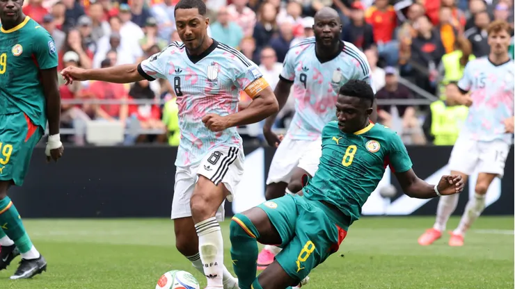 SEATTLE, WASHINGTON - JULY 01: Youri Tielemans #8 of Belgium is fouled by Lamine Camara #8 of Senegal in the penalty box, a penalty is awarded to Belgium after the VAR review during the FIFA World Cup 2026 Round Of 32 match between Belgium and Senegal at Seattle Stadium on July 01, 2026 in Seattle, Washington. (Photo by Alex Grimm/Getty Images)