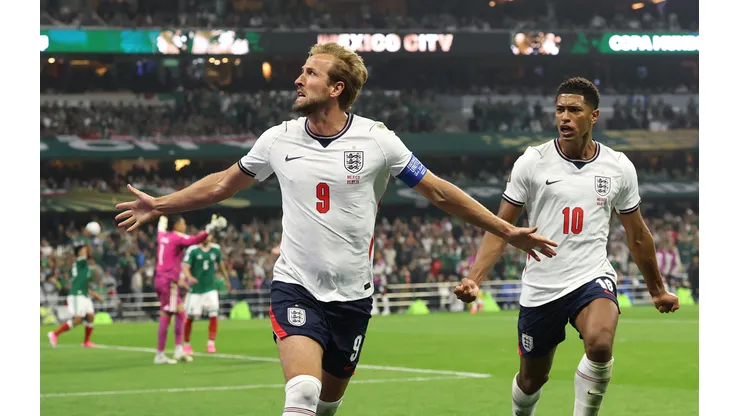 MEXICO CITY, MEXICO - JULY 05: Harry Kane #9 of England celebrates after scoring his team’s third goal during the FIFA World Cup 2026 Round of 16 match between Mexico and England at Mexico City Stadium on July 05, 2026 in Mexico City, Mexico. (Photo by Charlotte Wilson/Getty Images)
