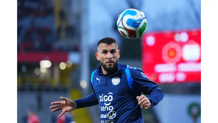 LENS, FRANCE - MARCH 31: Junior Alonso of Paraguay warms up prior to the international friendly match between Morocco and Paraguay at Stade Bollaert-Delelis on March 31, 2026 in Lens, France. (Photo by Franco Arland/Getty Images)