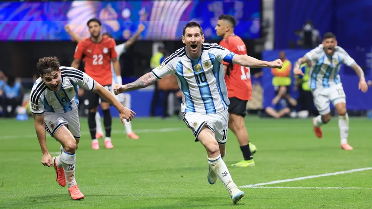 ATLANTA, GEORGIA - JULY 07: Lionel Messi #10 of Argentina celebrates scoring his team's second goal during the FIFA World Cup 2026 Round of 16 match between Argentina and Egypt at Atlanta Stadium on July 07, 2026 in Atlanta, Georgia. (Photo by Elsa/Getty Images)