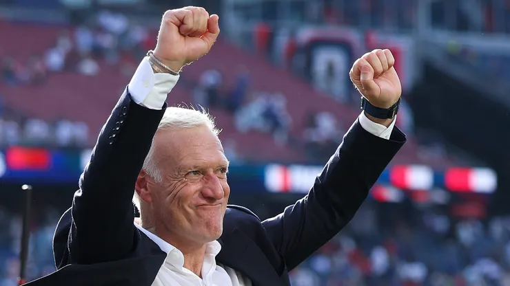 FOXBOROUGH, MASSACHUSETTS - JULY 09: Didier Deschamps, Head Coach of France, celebrates the team's 2-0 victory in the FIFA World Cup 2026 Quarter Final match between France and Morocco at Boston Stadium on July 09, 2026 in Foxborough, Massachusetts. (Photo by Molly Darlington/Getty Images)